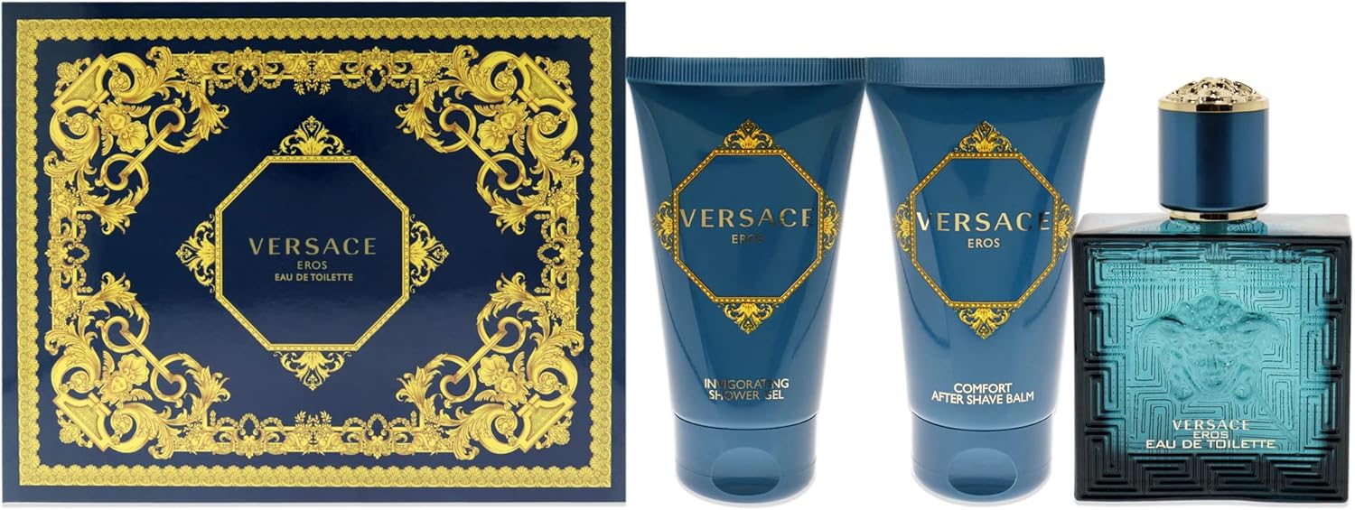 Versace Eros For Men 3 Pc Gift Set - 1.7 oz EDT Spray, Comfort After Shave Balm, Invigorating Shower Gel