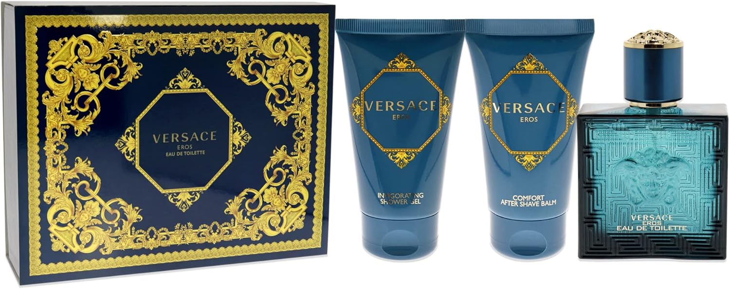 Versace Eros For Men 3 Pc Gift Set - 1.7 oz EDT Spray, Comfort After Shave Balm, Invigorating Shower Gel