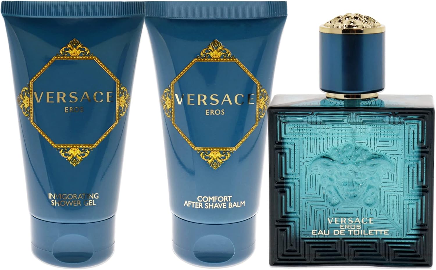 Versace Eros For Men 3 Pc Gift Set - 1.7 oz EDT Spray, Comfort After Shave Balm, Invigorating Shower Gel