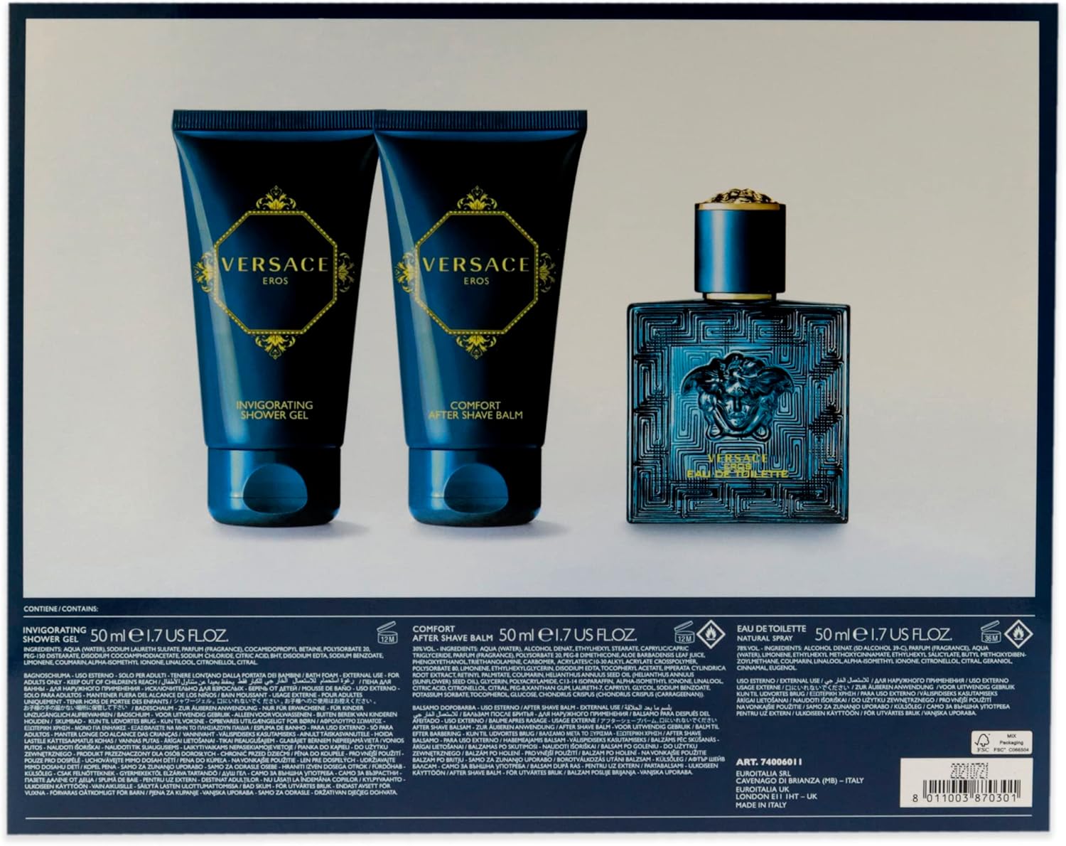 Versace Eros For Men 3 Pc Gift Set - 1.7 oz EDT Spray, Comfort After Shave Balm, Invigorating Shower Gel
